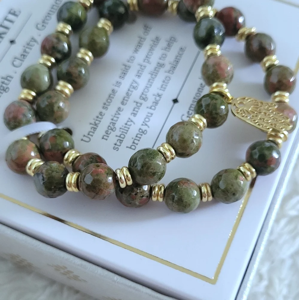 Shivam Unakite Stretch Bracelet Duo✌️ with Hamsa🤚Charm - NIB - Picture 14 of 15